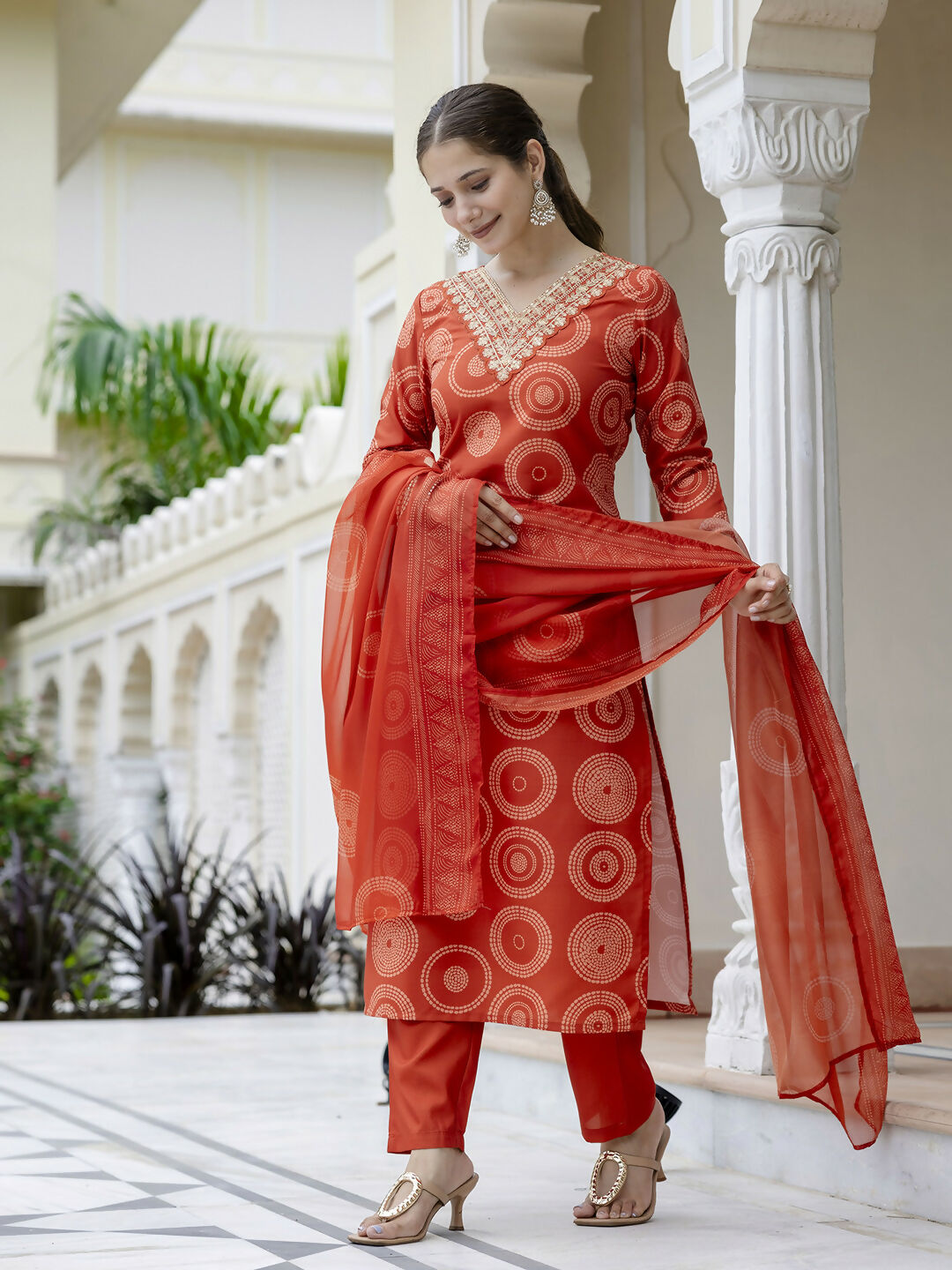 The52 Orange Women's Gorgeous Rayon Embroidered Straight Kurta with Pant And Dupatta Set | Grocsy