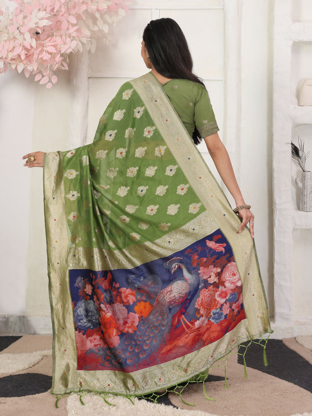 Shree Shyam Fashion Linen Cotton Green Saree | Grocsy