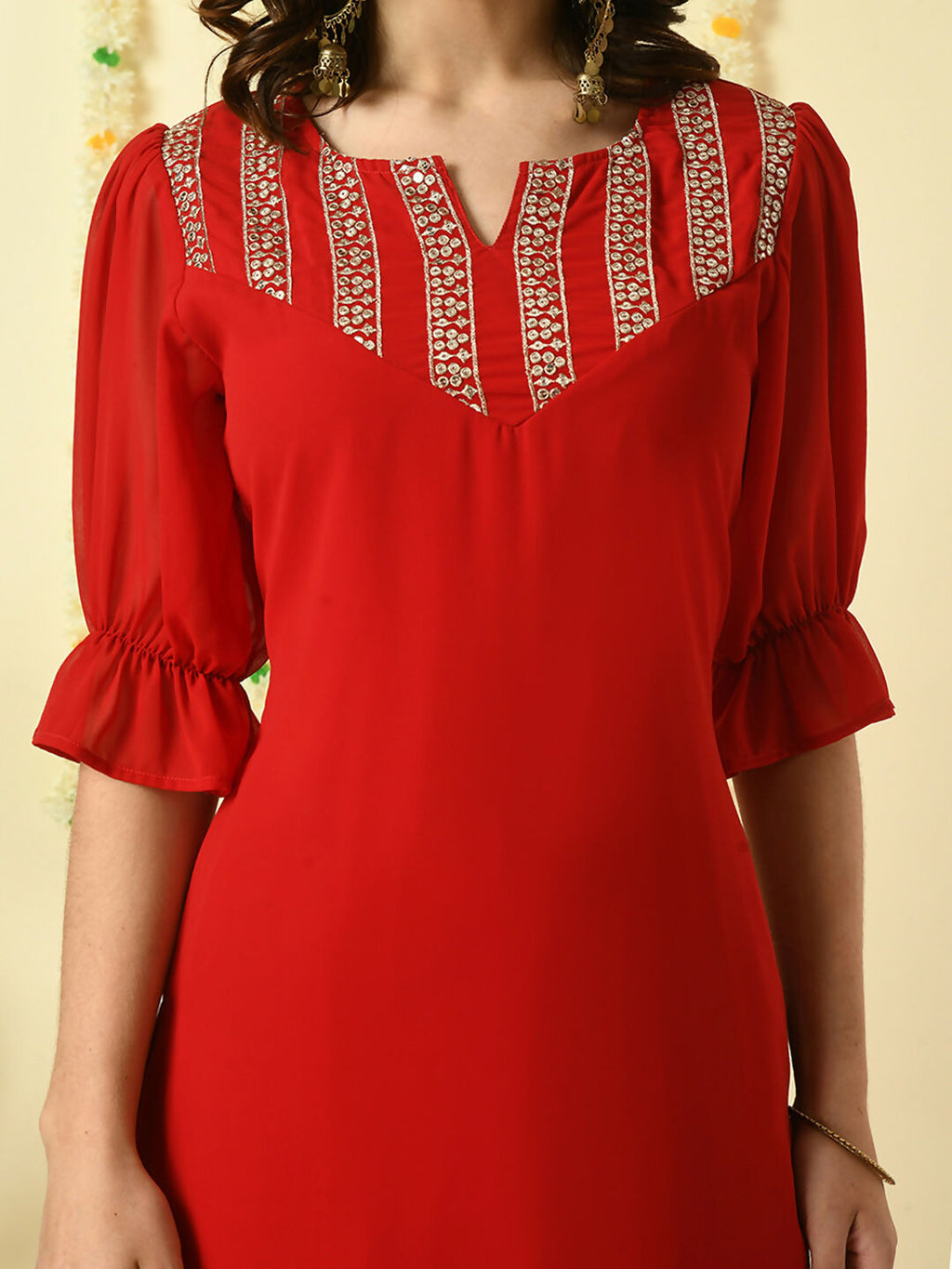 Myshka Women's Red Georgette Kurta With Trousers Party Sets | Grocsy
