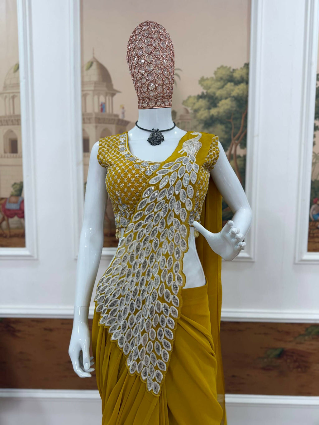 Teeya Creation Yellow Color Faux Georgette Embroidery Work Party Wear Ready To Wear Saree | Grocsy