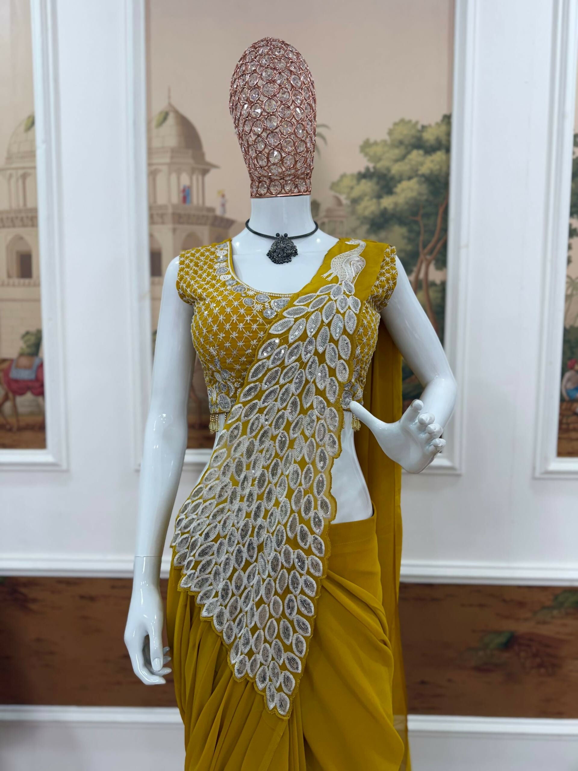 Teeya Creation Yellow Color Faux Georgette Embroidery Work Party Wear Ready To Wear Saree | Grocsy