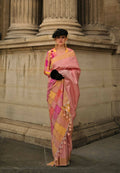 Dahlia Pinksoft Handloom Sik Zari & Thread Work, Contrast Pallu Saree - Rajtex Kube Silk | Grocsy
