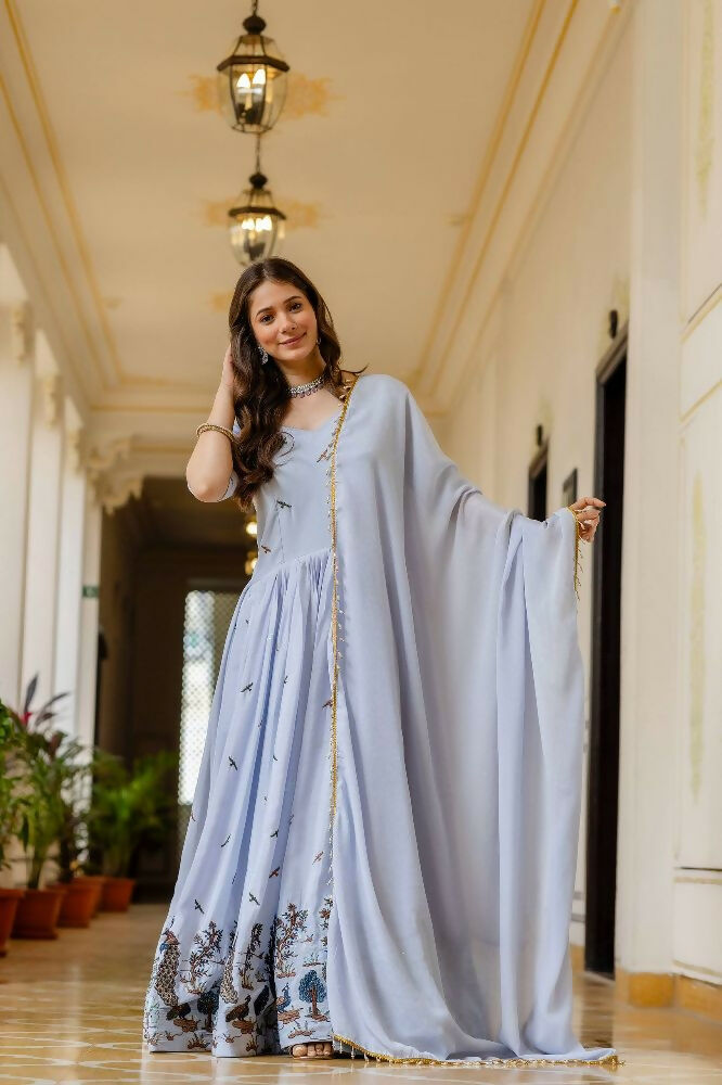 Teeya Creation Lavender Chinnon Heavy Work Long Wedding Gown | Grocsy