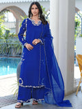 Nikhaar Royal Blue Embroidered Modal Silk Stitched Straight Cut Kurta Culottes Dupatta Readymade Suit | Grocsy
