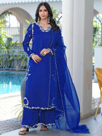 Nikhaar Royal Blue Embroidered Modal Silk Stitched Straight Cut Kurta Culottes Dupatta Readymade Suit | Grocsy