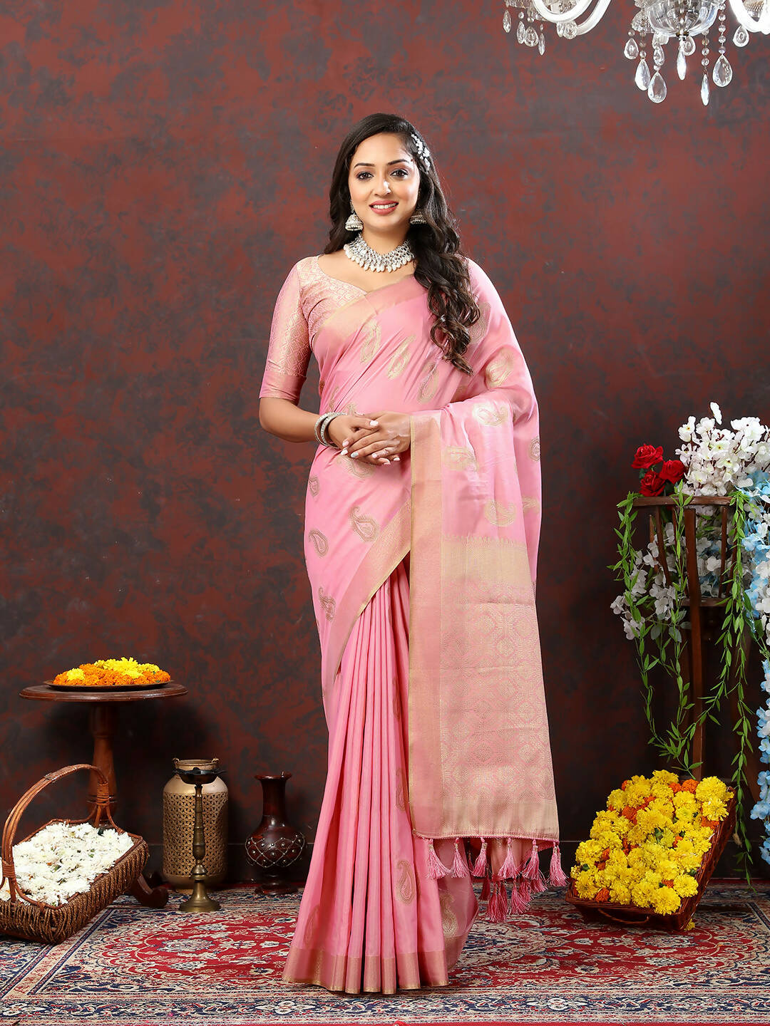 Lorenvalley Fashion Pink Cotton Woven Design with Zari Weaving Design Saree | Grocsy