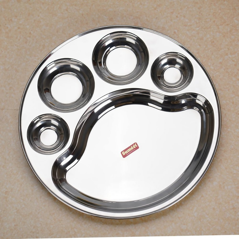 Sumeet Stainless Steel Round 5 in 1 Compartment Lunch/Dinner Plate - Big | Grocsy