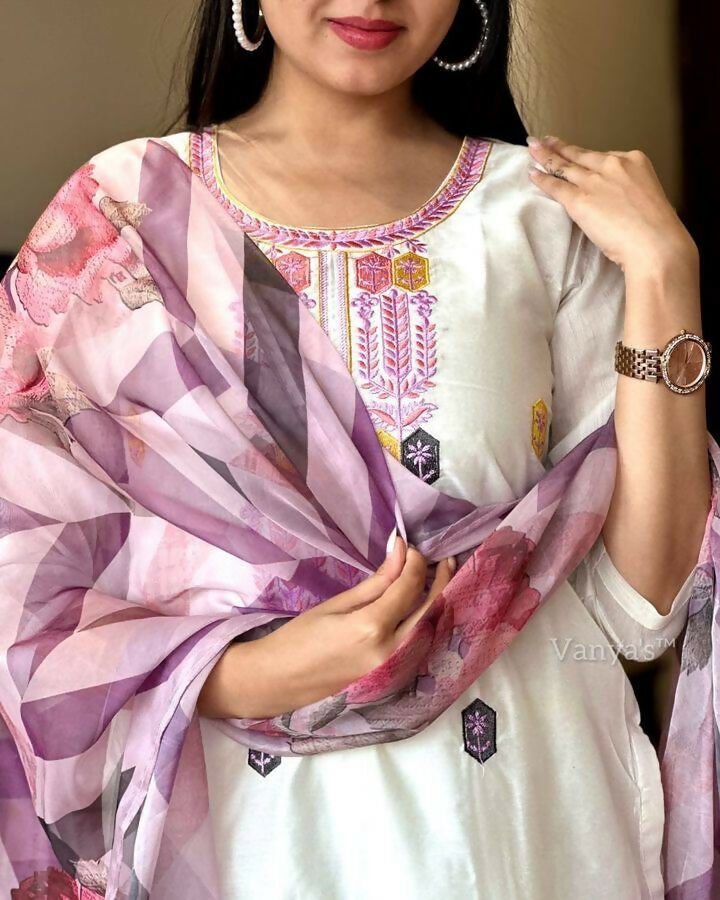 The52 Off White Women's Gorgeous Embroidered Viscose Chanderi Fabric Straight Kurta Pant with Dupatta Set | Grocsy
