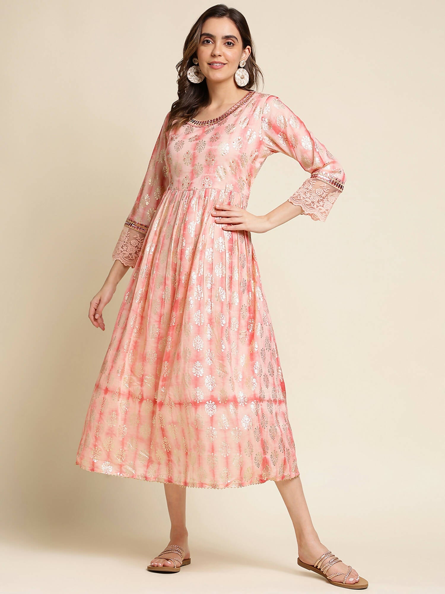 Peach Cotton Paisley Printed Fit & Flare Dress - Yukti | Grocsy