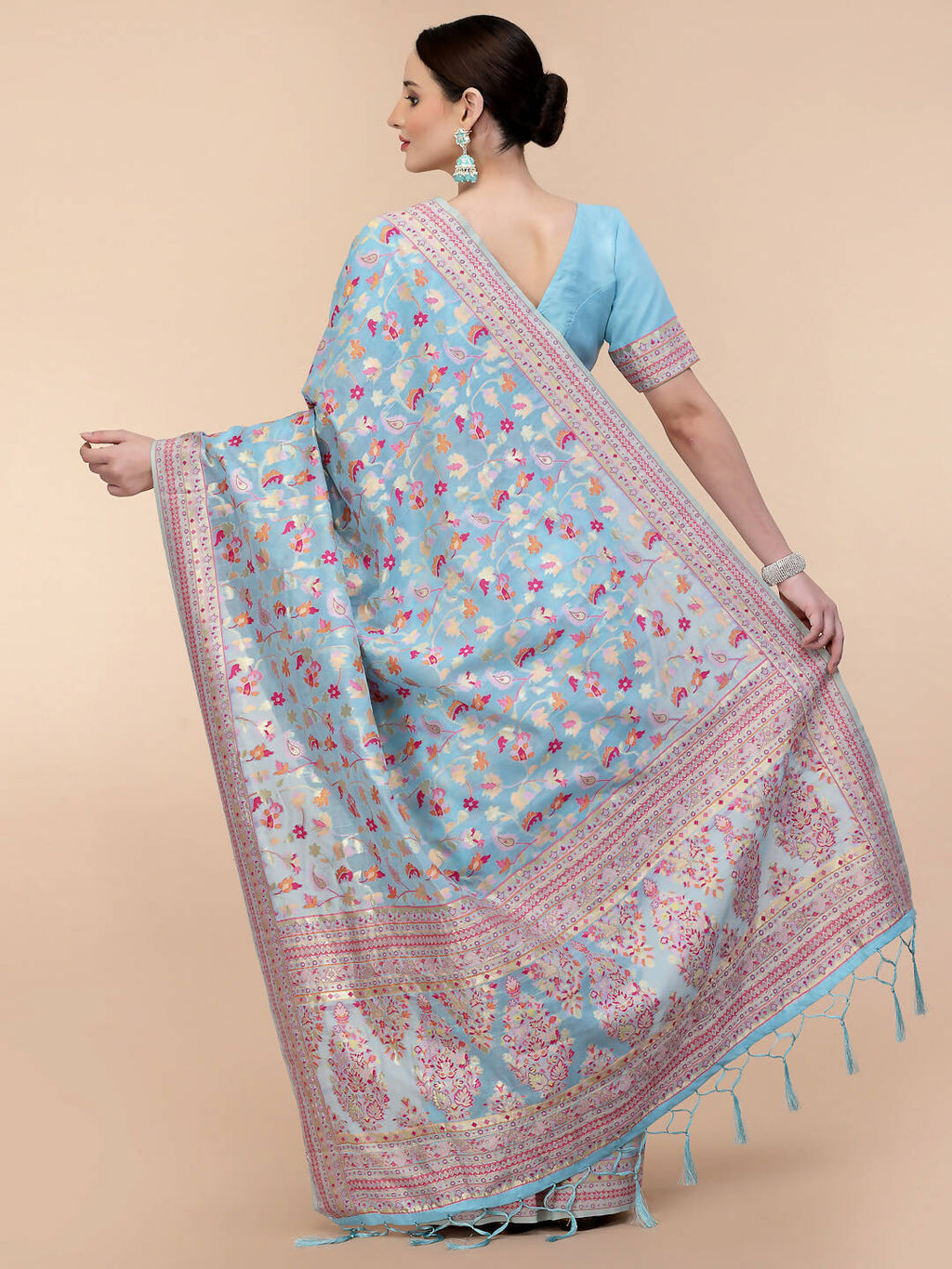 Blue Silk Blend Woven Design Saree With Unstitched Blouse Piece - Aloki | Grocsy