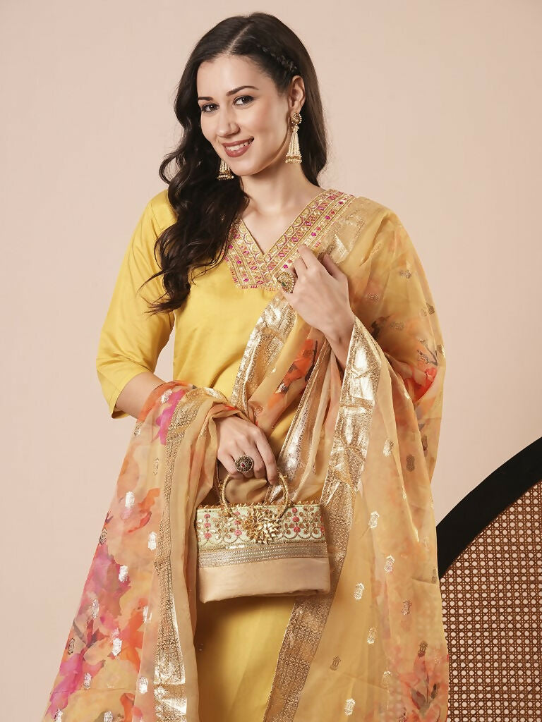 Yellow PV Chanderi Embroidery Work,Printed Kurta Set - Riya | Grocsy