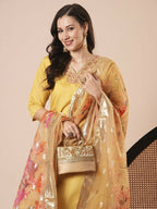 Yellow PV Chanderi Embroidery Work,Printed Kurta Set - Riya | Grocsy