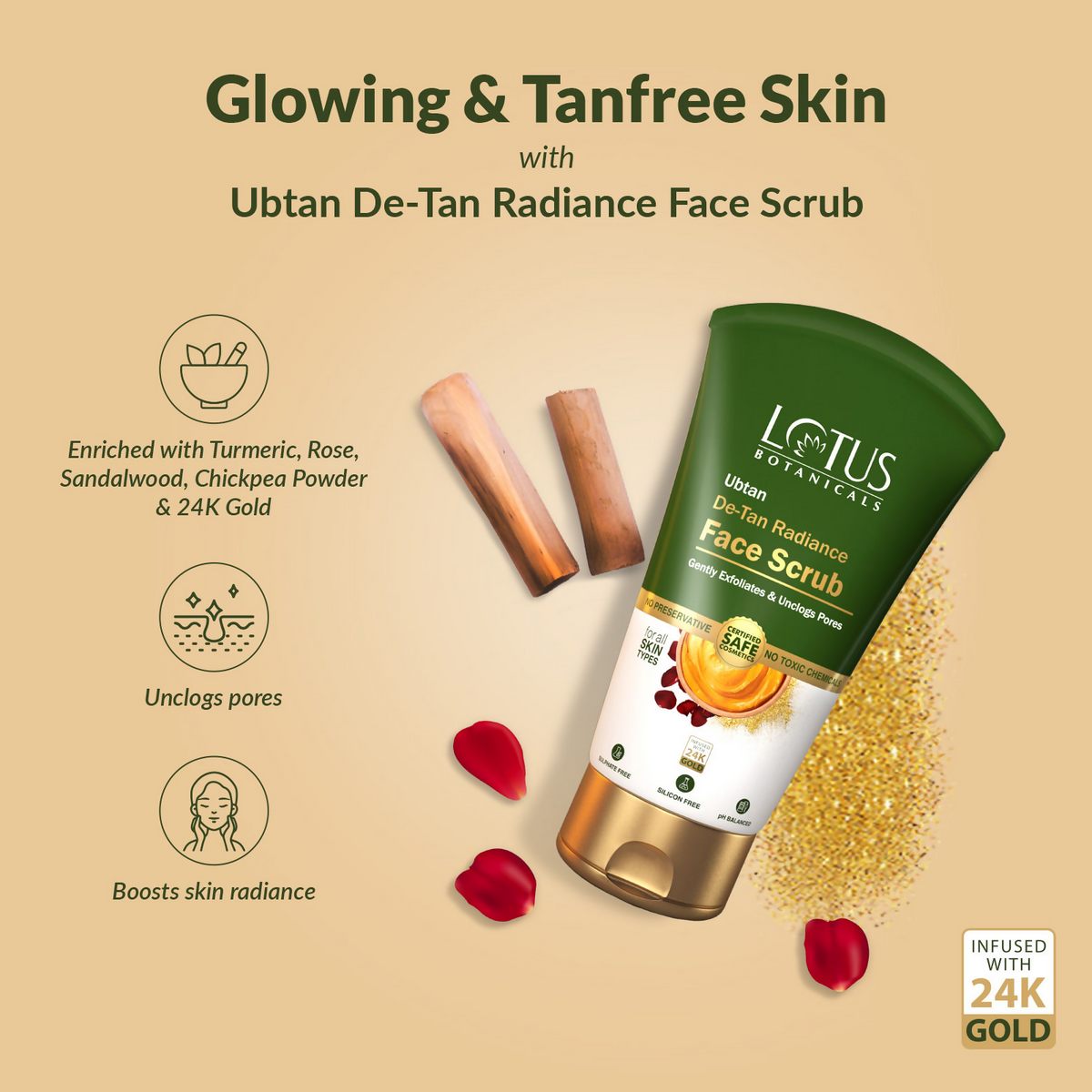 Lotus Botanicals Ubtan De-Tan Radiance Face ScrubInfused with 24K Gold For Gentle Exfoliation | Grocsy