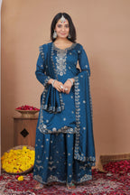 Lehenga Mart Designer Sharara Suit With Kurta, Sharara, Dupatta For Women-Teal Blue | Grocsy