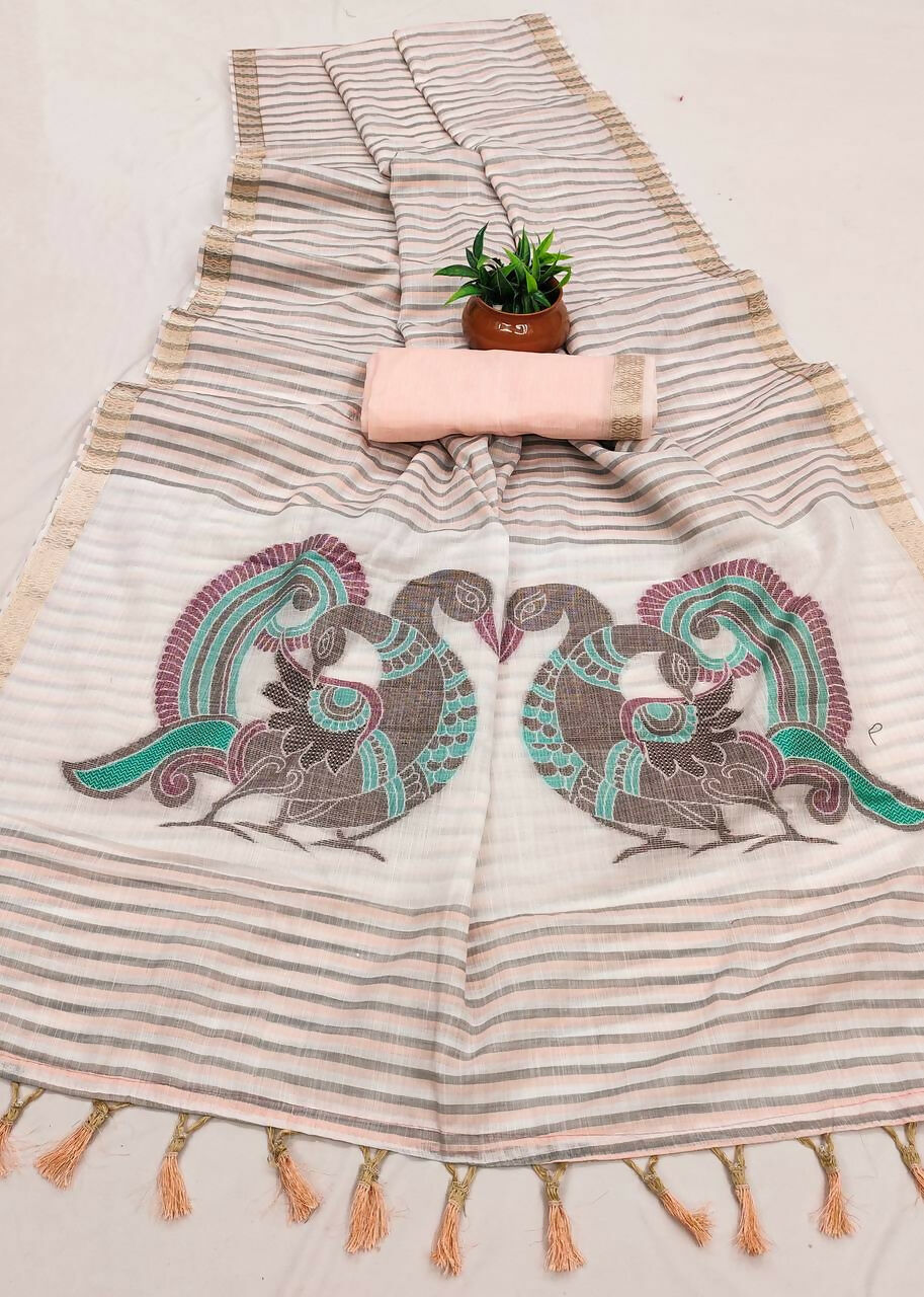 Vastranavya Peach Linen Cotton Meenakari Weaving Pallu Saree with Contrast Blouse | Grocsy