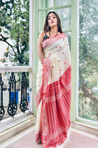 Exclusive Collection White Red Most Trending Beautiful Pure Cotton Handloom Saree | Grocsy