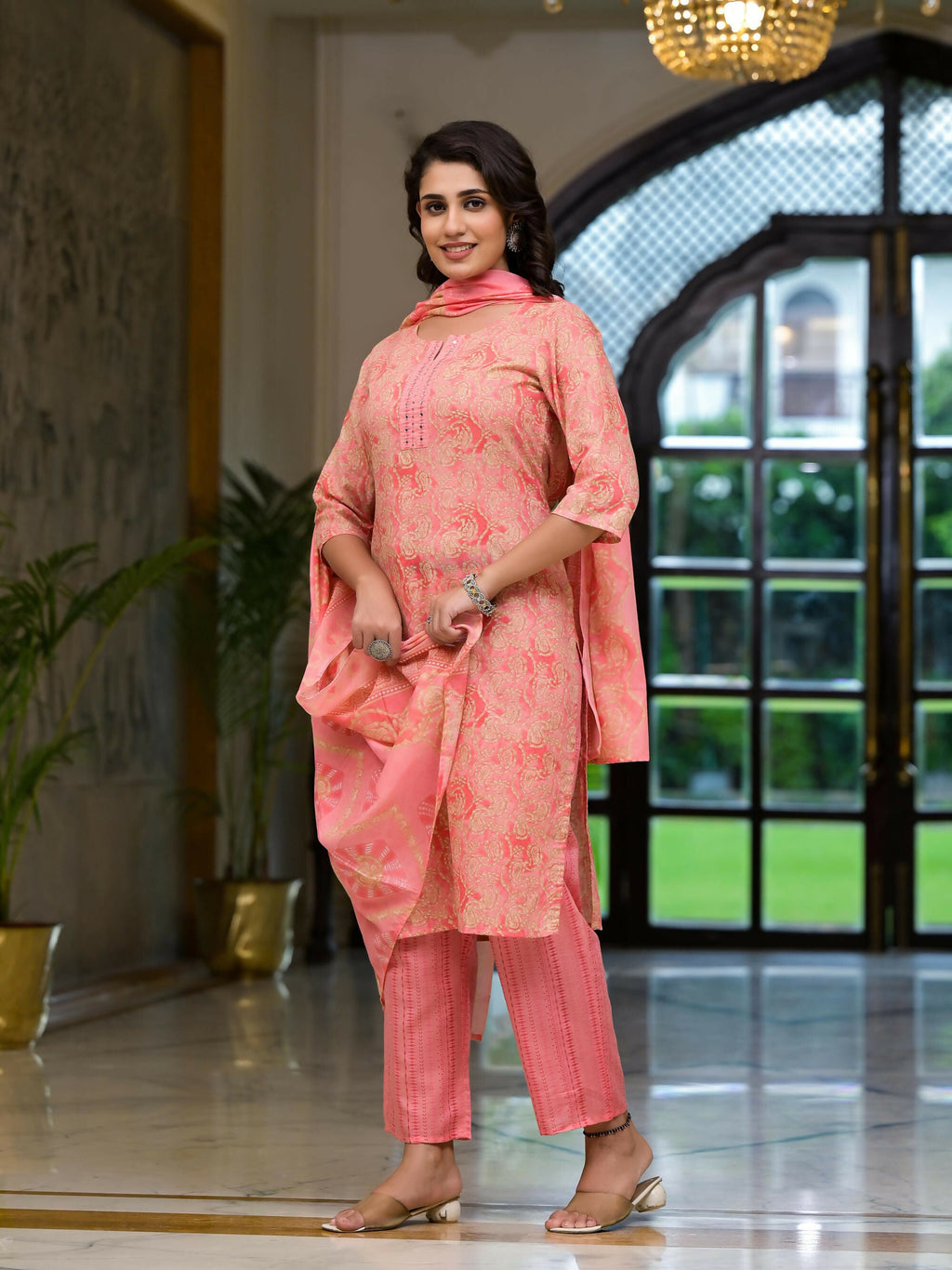 Juniper Women's Pink Ethnic Motif Printed Cotton Kurta Pant And Dupatta Set With Mirror Work & Sequins | Grocsy