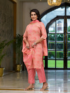 Juniper Women's Pink Ethnic Motif Printed Cotton Kurta Pant And Dupatta Set With Mirror Work & Sequins | Grocsy