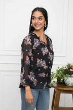 Myshka Women Black Floral V-Neck Regular Sleeves Synthetic Georgette Top | Grocsy