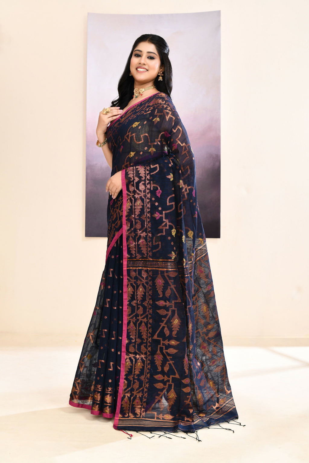 Piyari Fashion Women's Navy Blue Embellished Cotton Blend Jamdani Saree | Grocsy