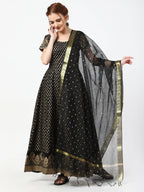 Cheera Women's Black Cotton Hand Block Print Long Dress With Silk Dupatta Set | Grocsy