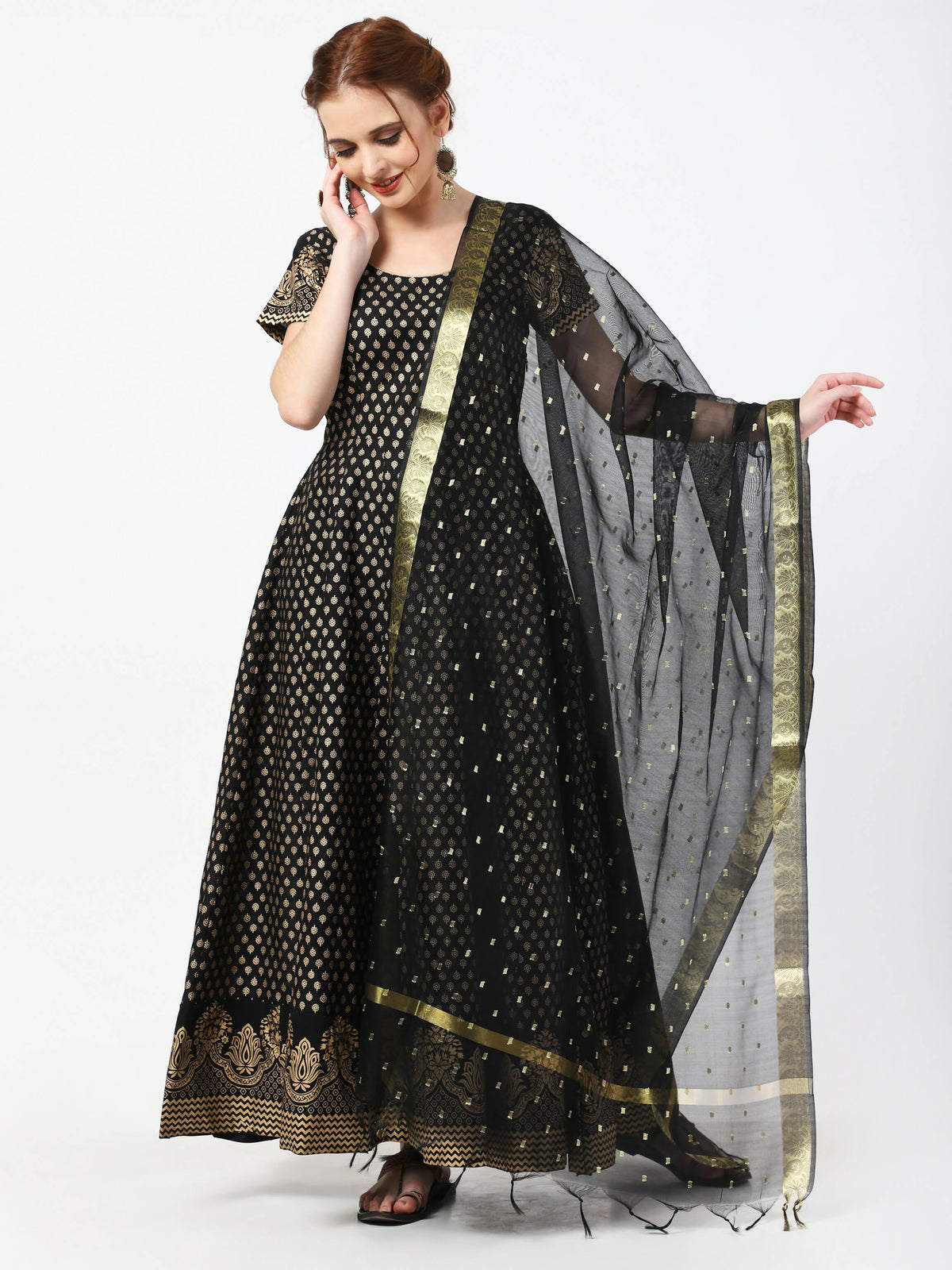 Cheera Women's Black Cotton Hand Block Print Long Dress With Silk Dupatta Set | Grocsy