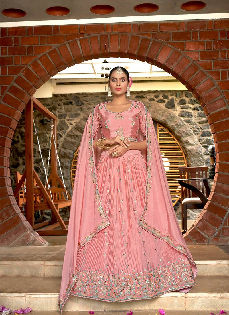 Pink Chinon Crushed Sequence and Thread Embroidery Work Lehenga Choli with Dupatta - Viharini | Grocsy