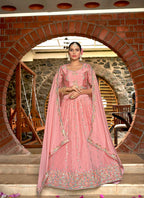 Pink Chinon Crushed Sequence and Thread Embroidery Work Lehenga Choli with Dupatta - Viharini | Grocsy