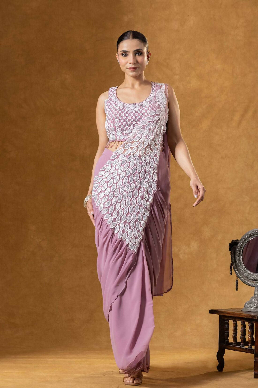Teeya Creation Onion Color Faux Georgette Embroidery Work Party Wear Ready To Wear Saree | Grocsy