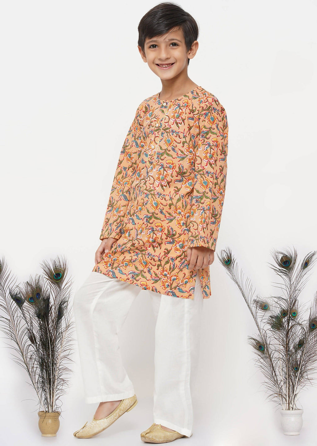 Little Bansi Boys Cotton Block Floral Kurta with Pearl Buttons & Pyjama in Orange & Cream | Grocsy