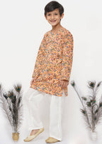 Little Bansi Boys Cotton Block Floral Kurta with Pearl Buttons & Pyjama in Orange & Cream | Grocsy