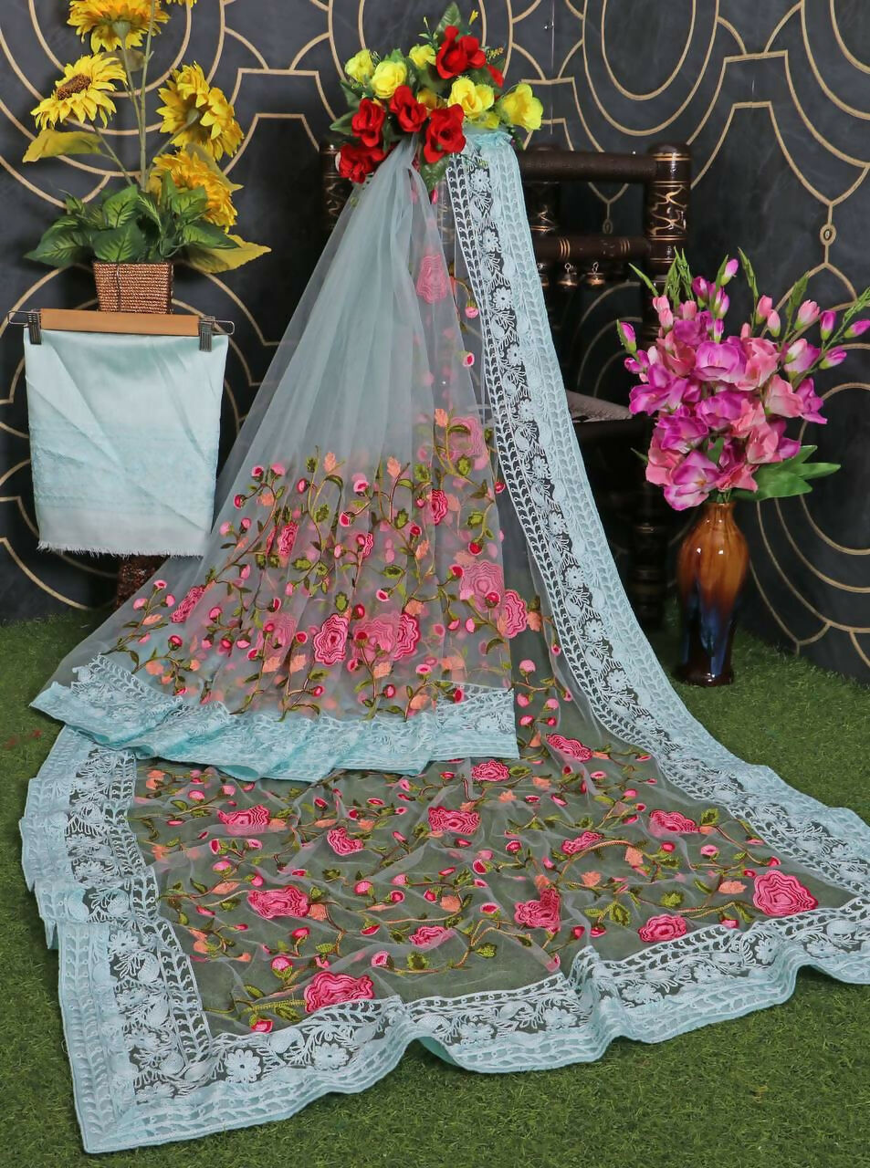 Teeya Creation Womens Latest Stylish Party Wear Soft Net Saree-Blue | Grocsy