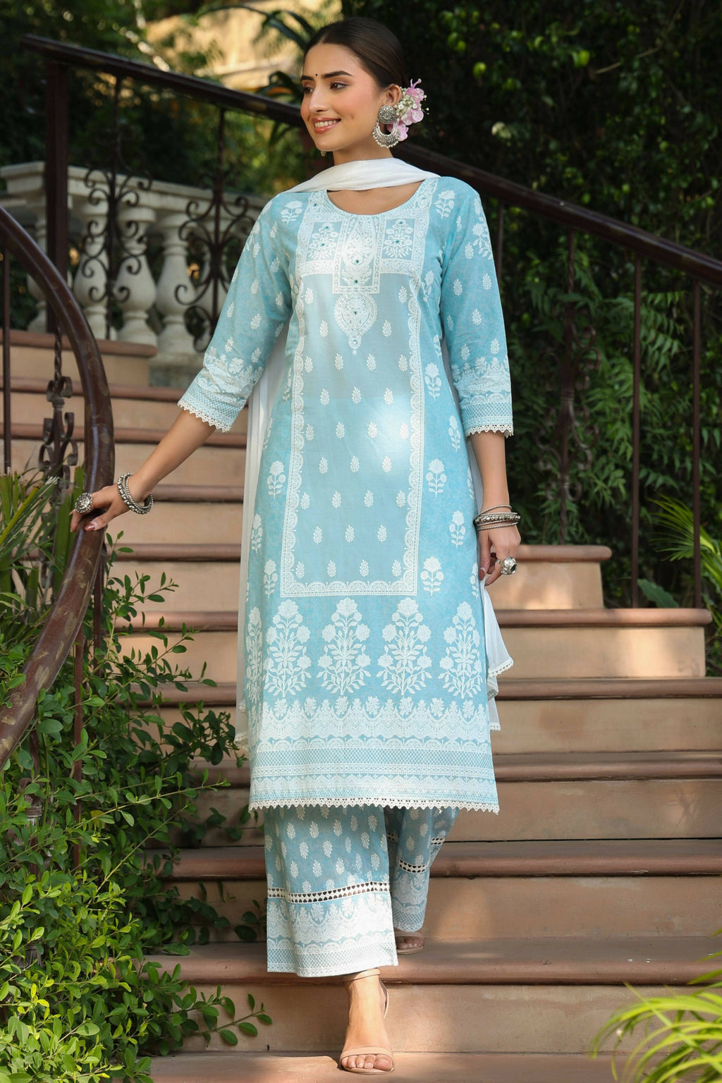 Juniper Women's Skyblue Printed Straight Kurta Sets | Grocsy