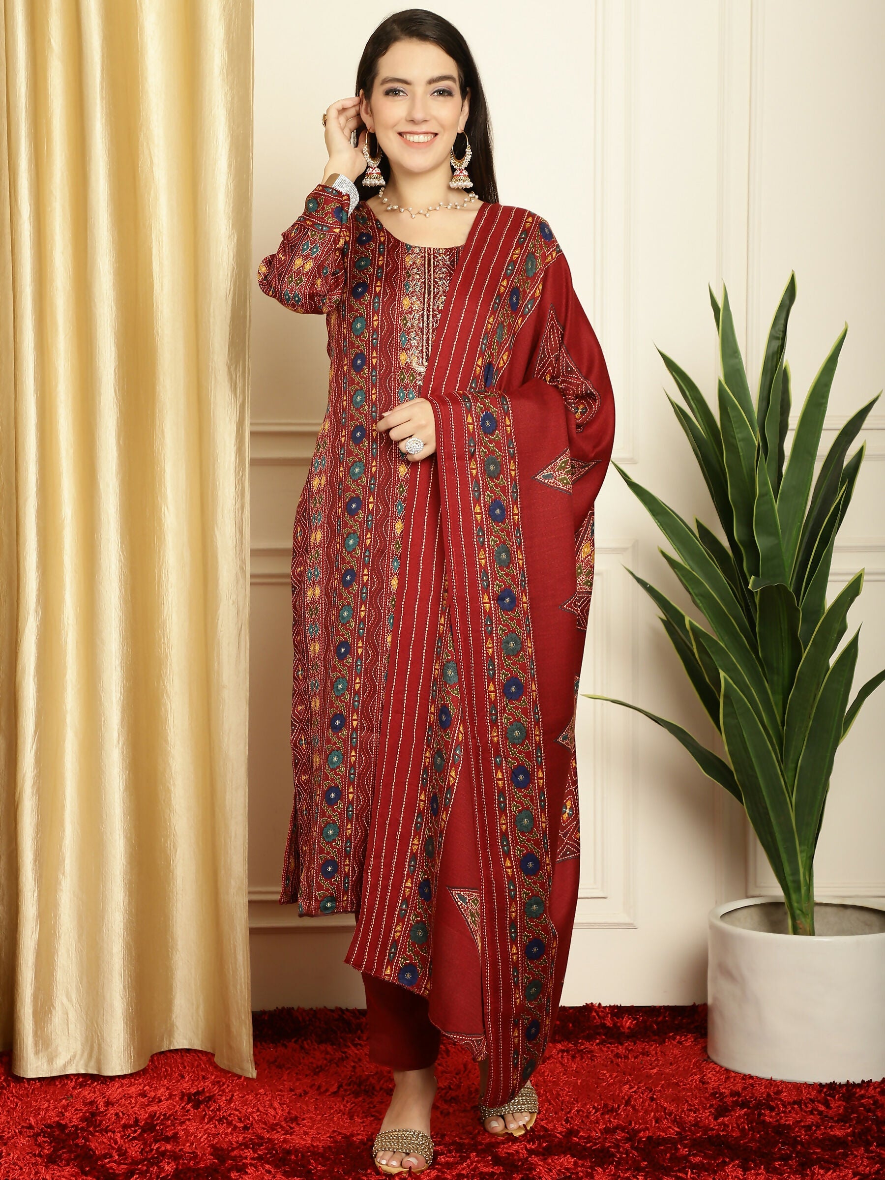 Jyoti Fashion Women's Maroon Pashmina Floral Digital Printed Kurta with Trouser & Dupatta | Grocsy