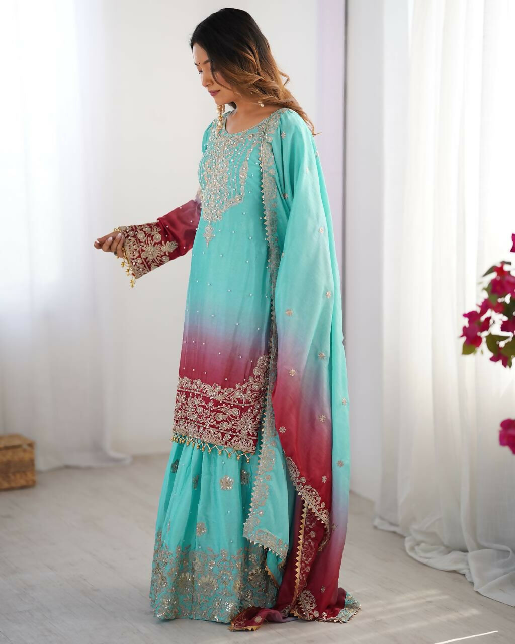 The52 Women's Beautiful Chinon silk Fabric Embroidery Work Straight Kurta Palazzo and Dupatta Set | Grocsy