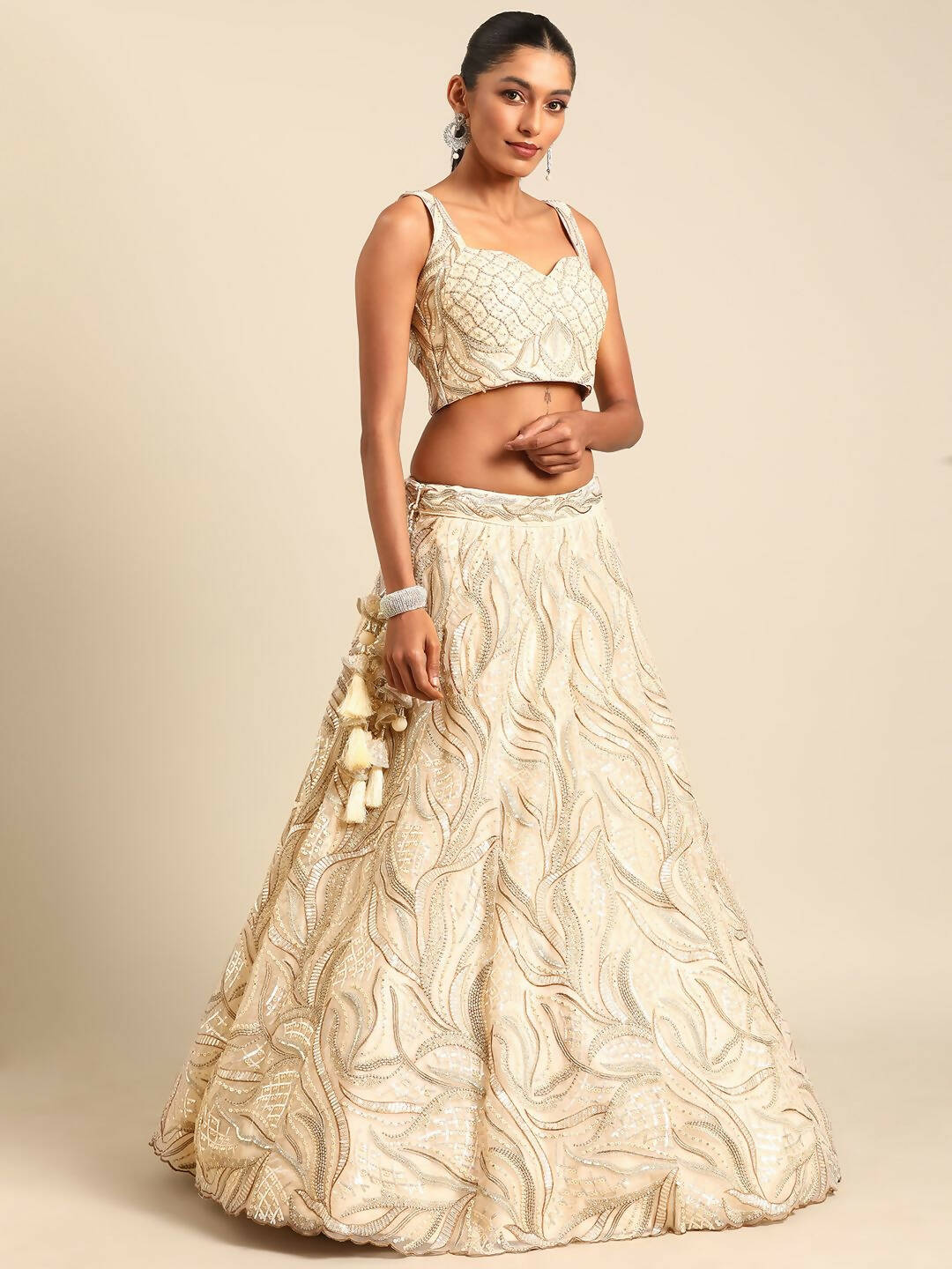 House of Panchhi Cream Net Sequins and Zarkan embroidery Lehenga choli & Dupatta | Grocsy