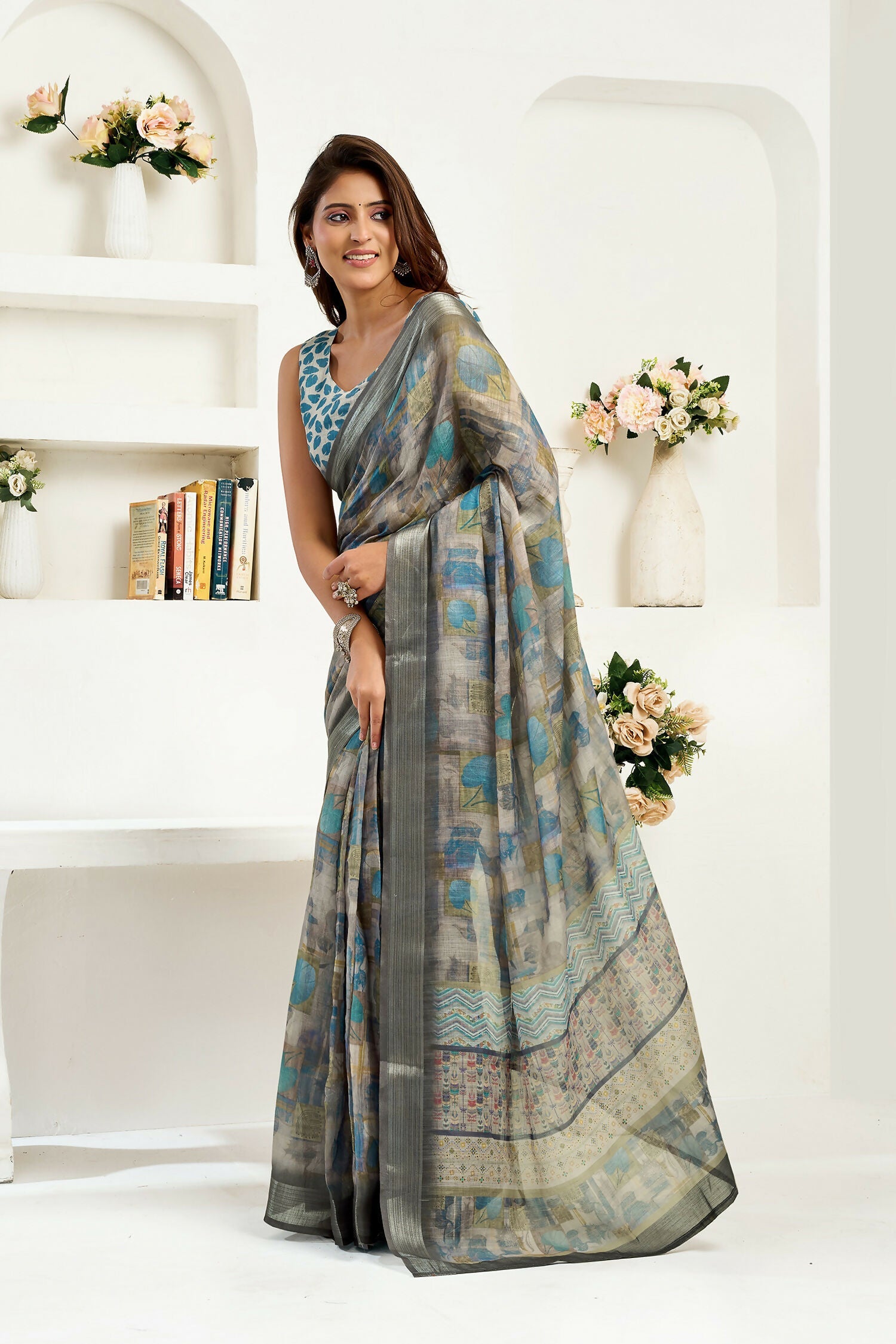 Joban Fashion  Dusty Brown Floral & Ethnic Motifs Linen Ready To Wear Saree With Unstitched Blouse | Grocsy