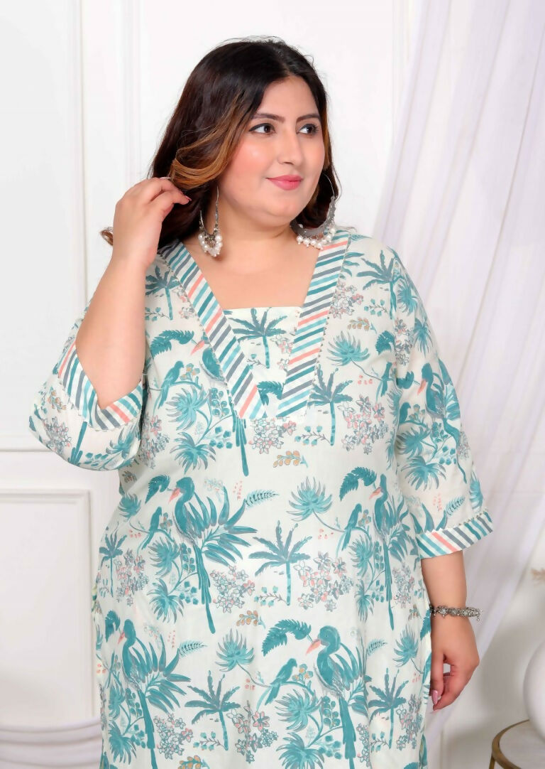 Miravan Women's Plus Size Cotton Light Green Scenic Birds And Leaf Floral Printed Straight Pakistani Style Kurta And Palazzo | Grocsy