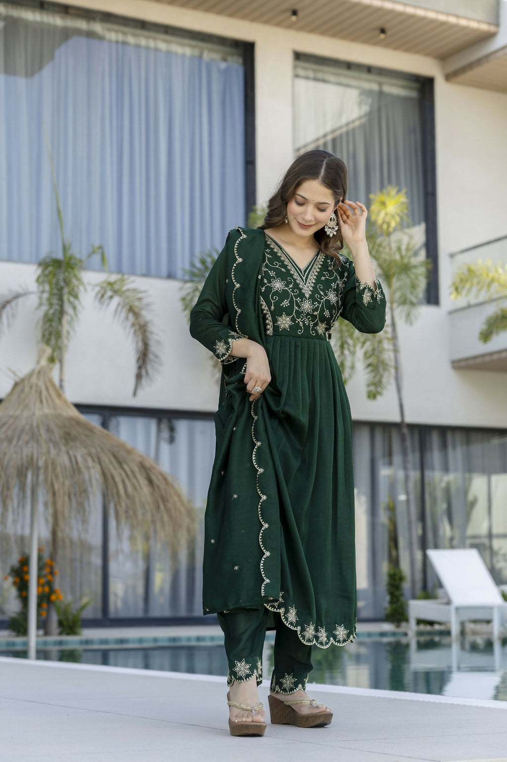 The52 Women's Beautiful Embroidery Work Vichitra Silk Fabric Flared Anarkali Pant and Dupatta Set | Grocsy
