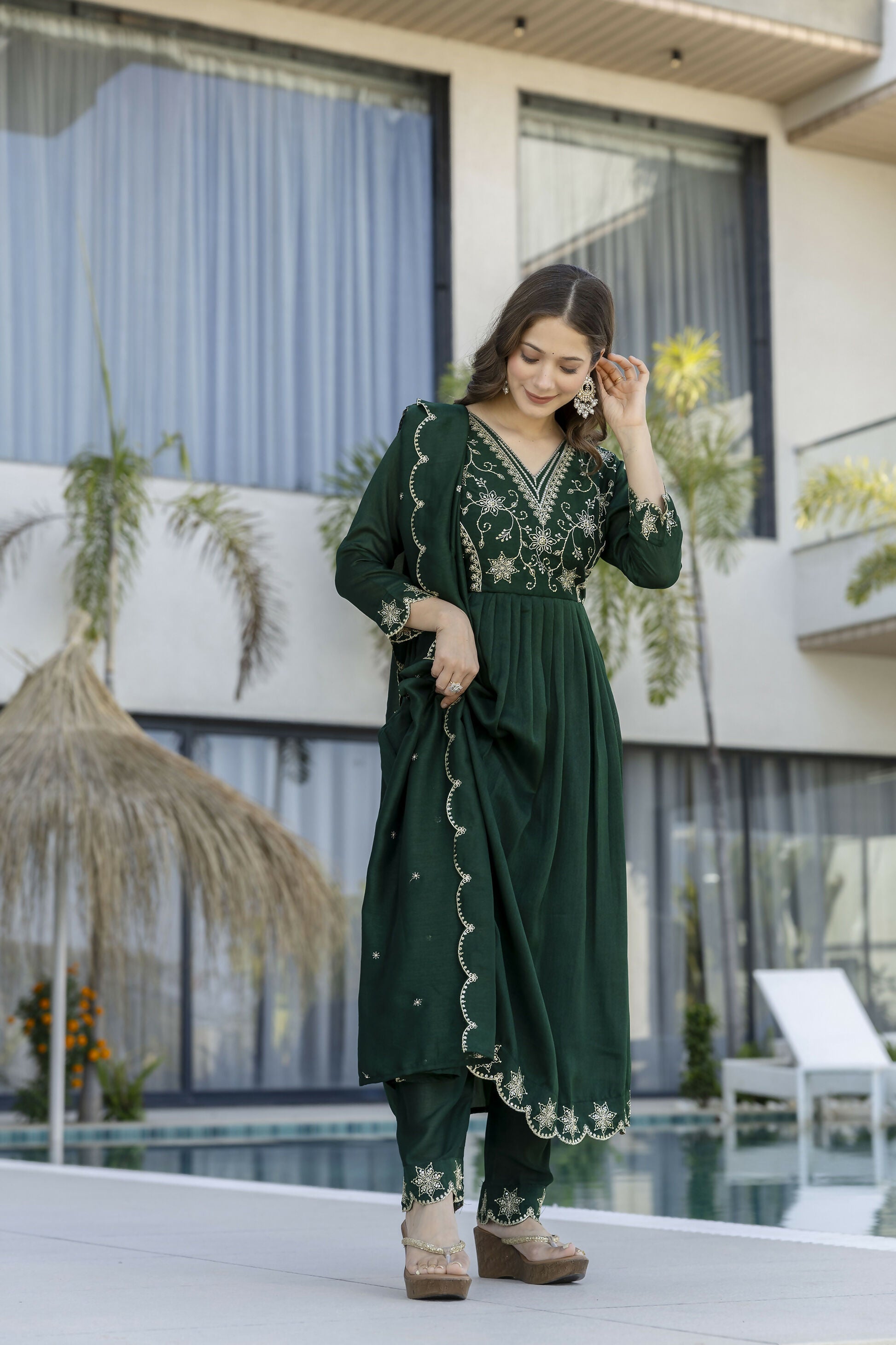 The52 Women's Beautiful Embroidery Work Vichitra Silk Fabric Flared Anarkali Pant and Dupatta Set | Grocsy