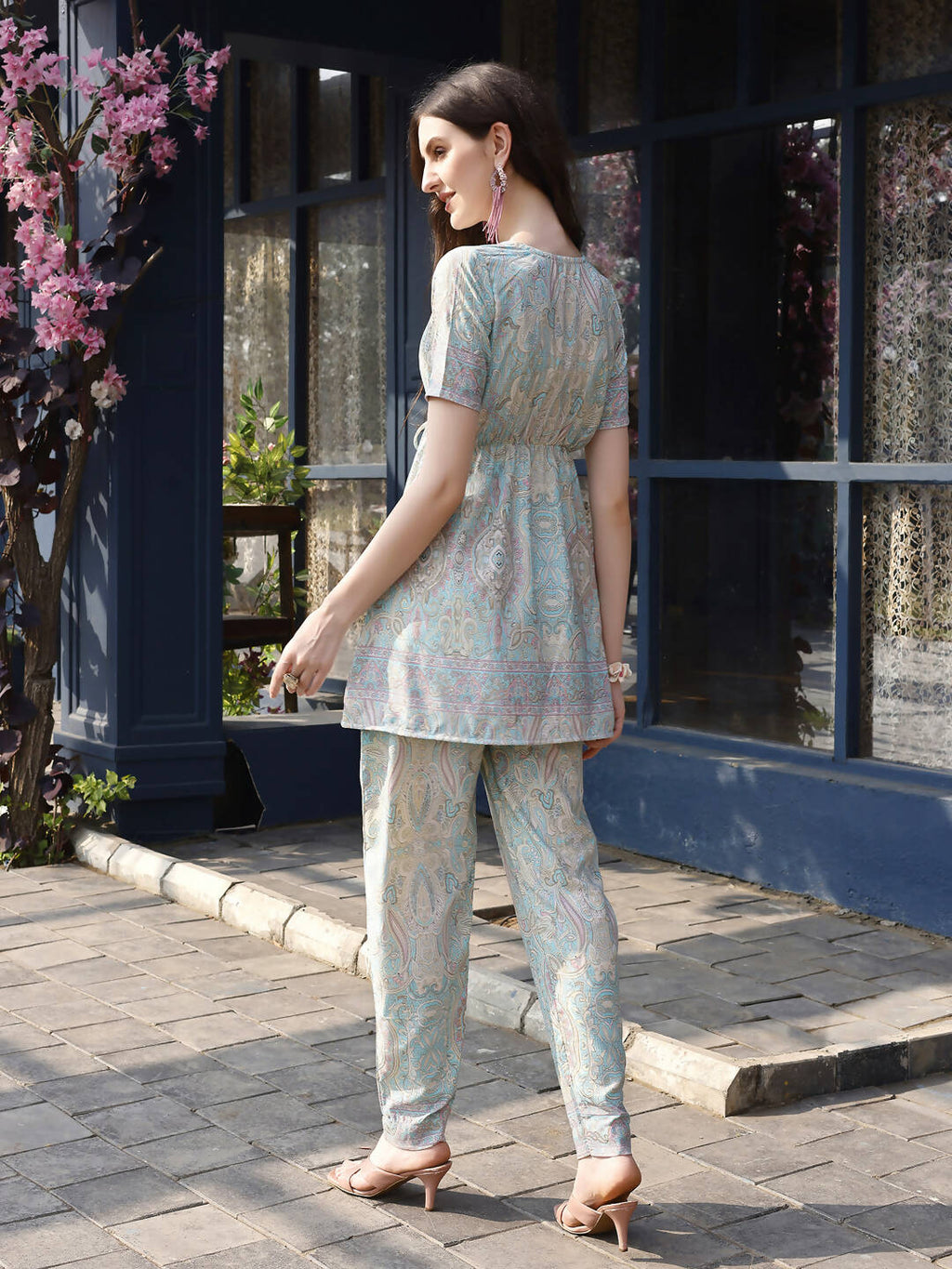 Sky Blue Rayon Paisley & Floral Printed Top with Matching Bottom - Eesha | Grocsy