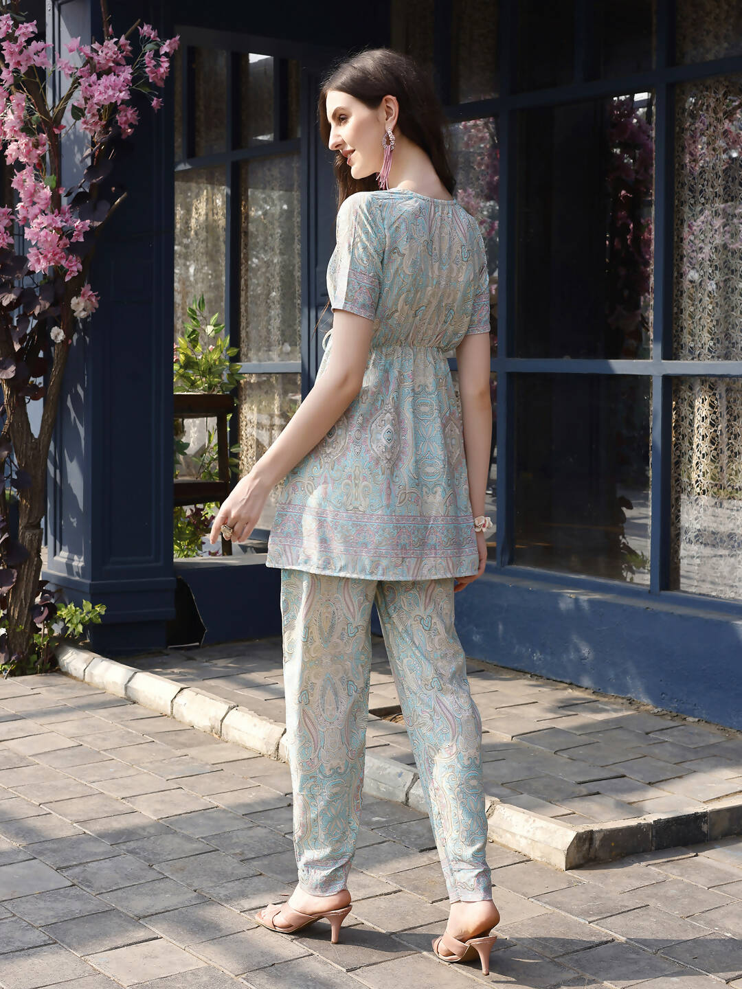 Sky Blue Rayon Paisley & Floral Printed Top with Matching Bottom - Eesha | Grocsy