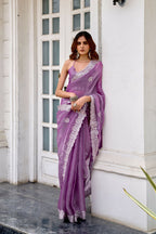 Vastranavya Lavender Embroidery Work Shimmer Chiffon Saree with Unstitched Blouse | Grocsy