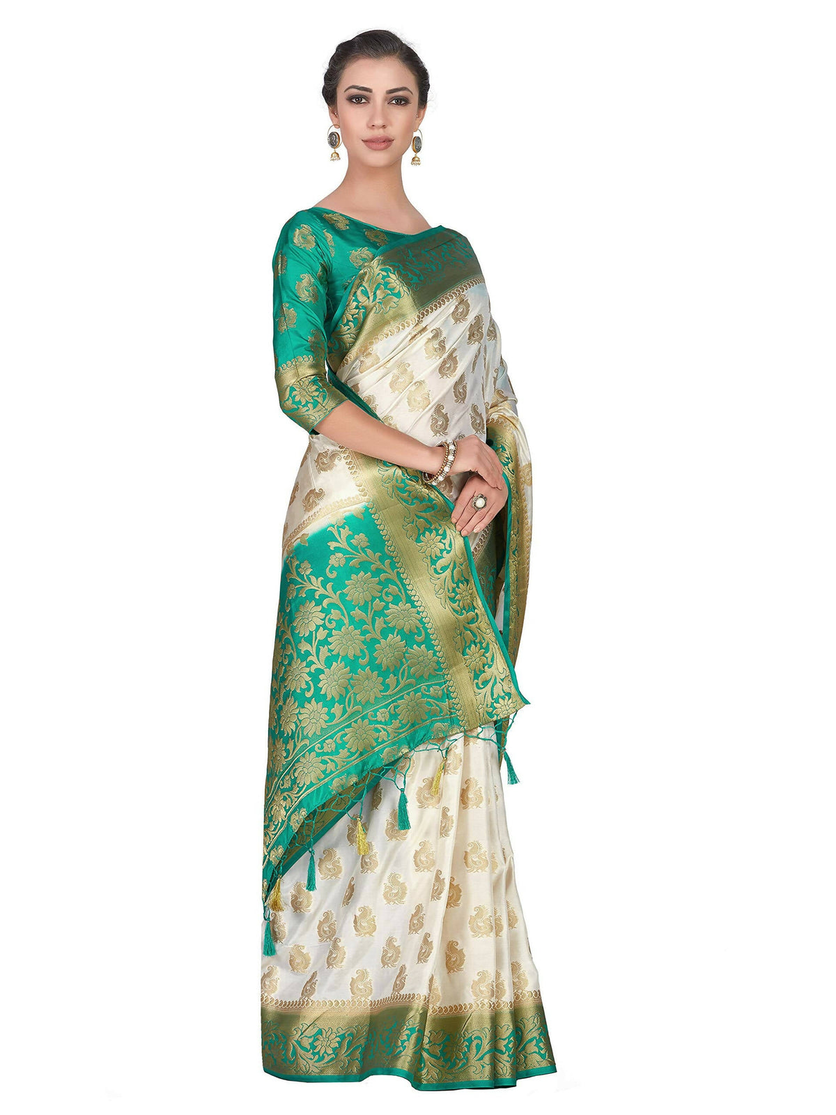 Mimosa Women's Kanchipuram Silk Beige Saree | Grocsy