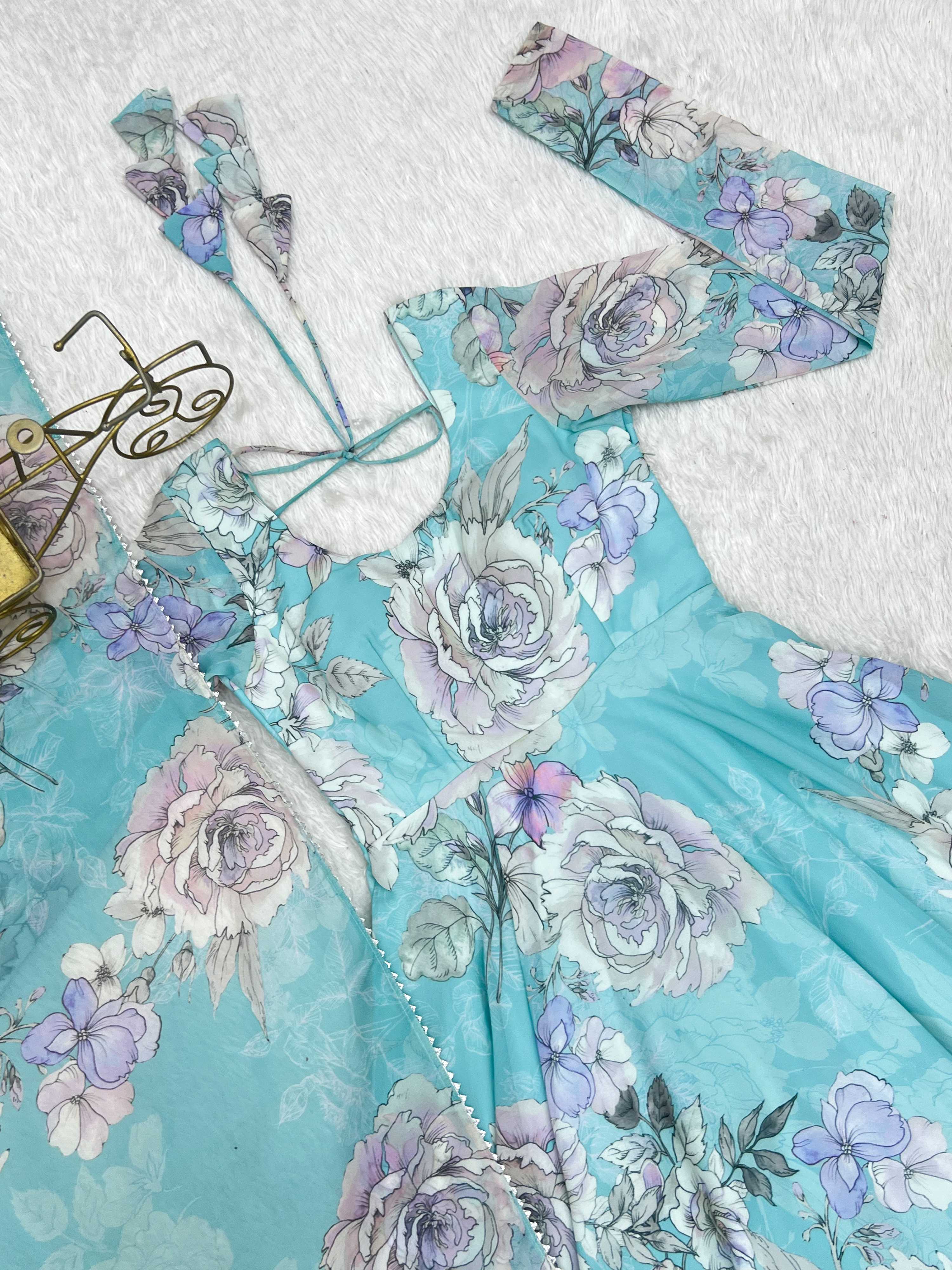 Evanik Skyblue Georgette Floral Print Fully Flair Gown Dupatta Ready To Wear | Grocsy