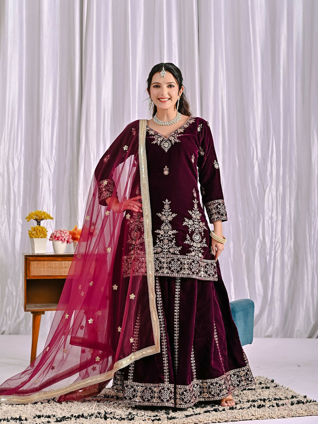 Joban Fashion Wine Velvet Sequence Embroidery Work Kurta Set | Grocsy