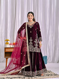 Joban Fashion Wine Velvet Sequence Embroidery Work Kurta Set | Grocsy