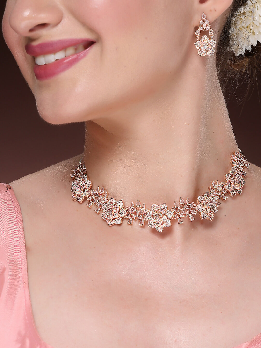 NVR Women's Rose Gold-Polished American Diamond-Studded Handcrafted Jewellery Set | Grocsy