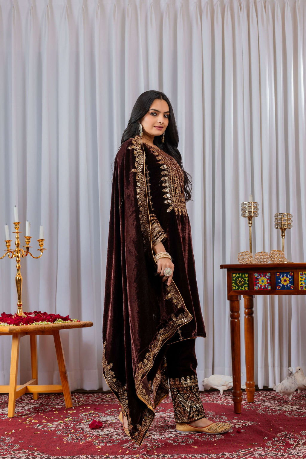 Teeya Creation Maroon Color Velvet Designer Embroidery Work party Wear Suit | Grocsy