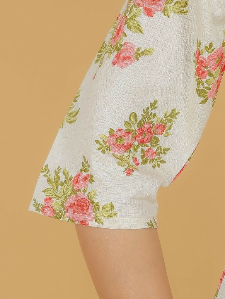Aramya A-line Linen Cotton Floral Print Women's Kurta - Pink | Grocsy
